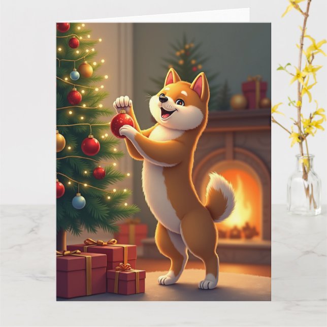 Shiba Inu Decorating the Christmas Tree Painting Kort (Gul blomma)