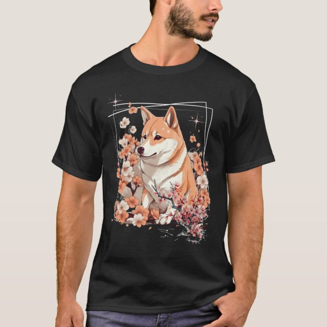 Shiba Inu Dog Japanese Cherry Blossom Sakura Flowe T Shirt (Framsida)