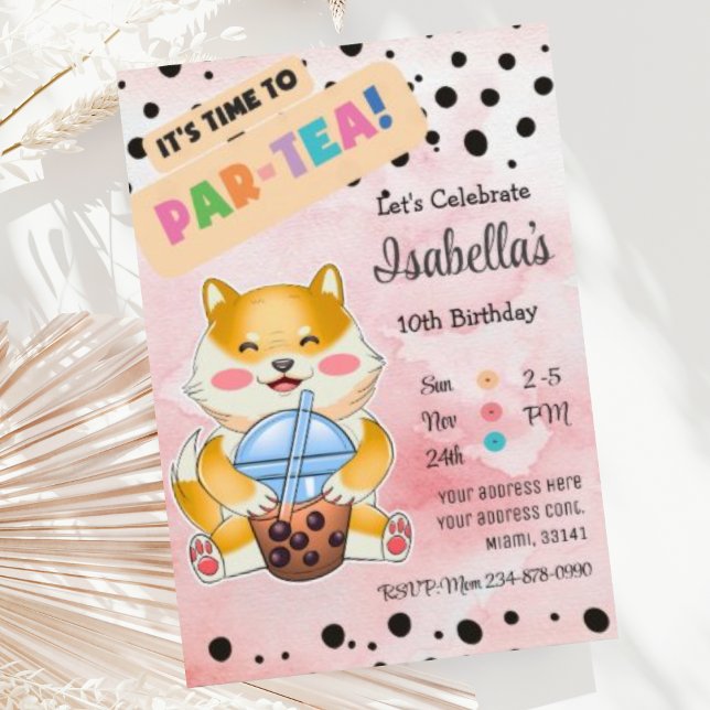 Shiba Inu Drinking Boba Tea Birthday-inbjudan Inbjudningar (Skapare uppladdad)