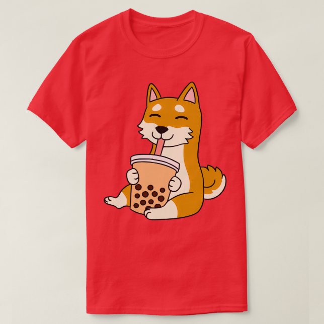 Shiba Inu Drinking Bubble Tea T Shirt (Design framsida)