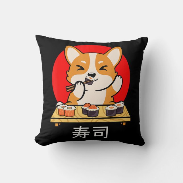 Shiba Inu eats Sushi Kawaii Neko Gift Anime Kudde (Framsida)
