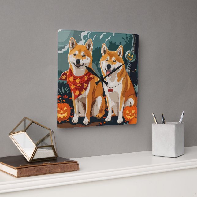 Shiba Inu Halloween Kuslig Fyrkantig Klocka (Kontor)