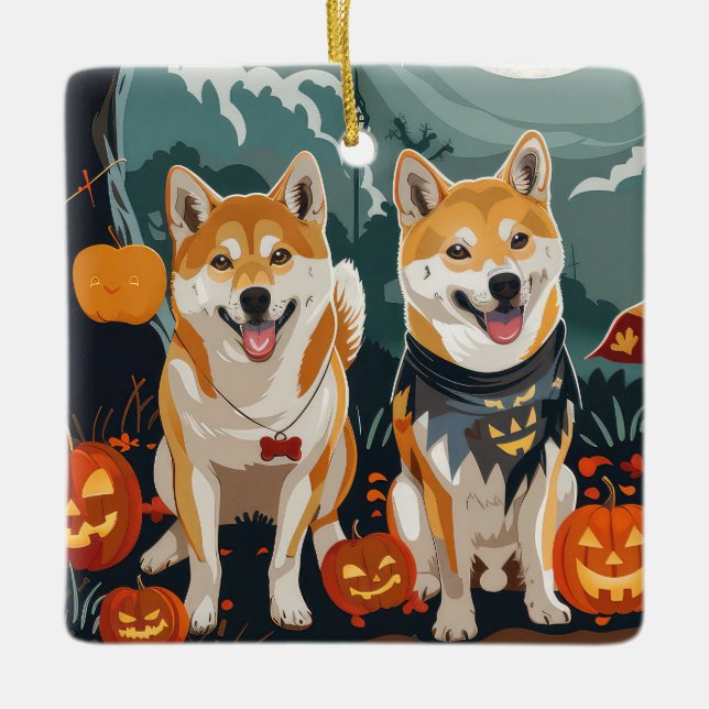 Shiba Inu Halloween Spooky Julgransprydnad Keramik (Framsida)