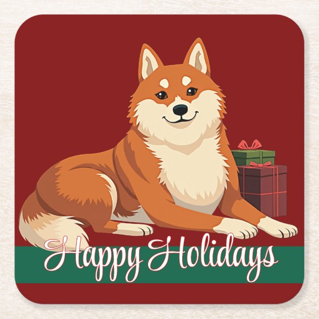 Shiba Inu Happy Holidays Coasters Underlägg Papper Kvadrat (Framsidan)