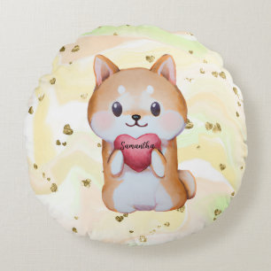 Shiba Inu Holding A Heart Rund Kudde