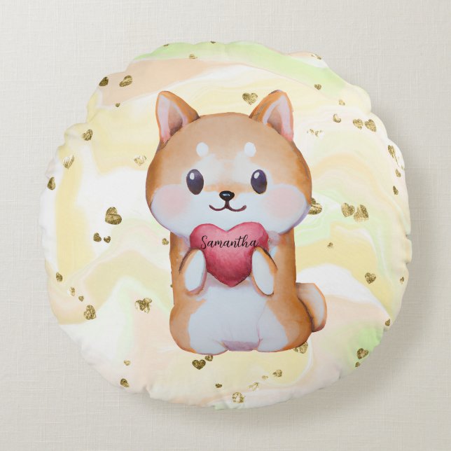 Shiba Inu Holding A Heart Rund Kudde (Framsidan)