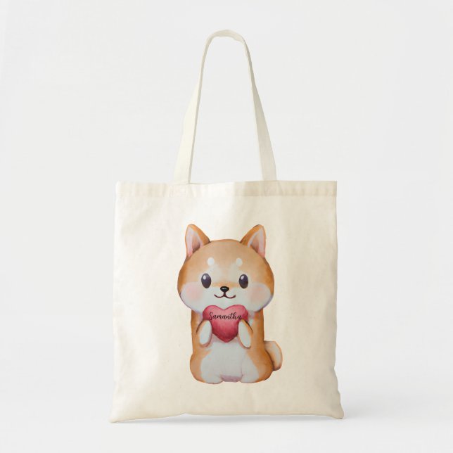 Shiba Inu Holding A Heart Tygkasse (Framsidan)