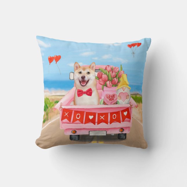 Shiba Inu Hund Alla Hjärtans Dag Lastbil Hjärtan Kudde (Framsida)