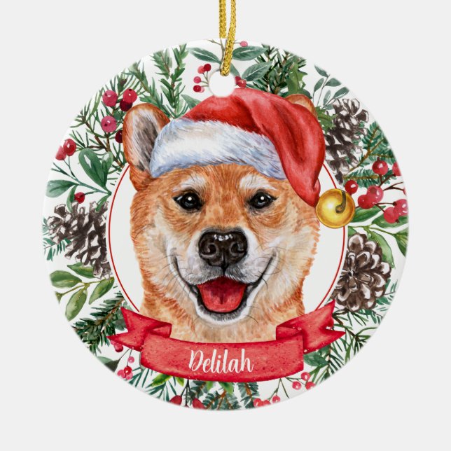 Shiba Inu Hund Anpassningsbar Santa Hat jul Orname Julgransprydnad Keramik (Framsidan)