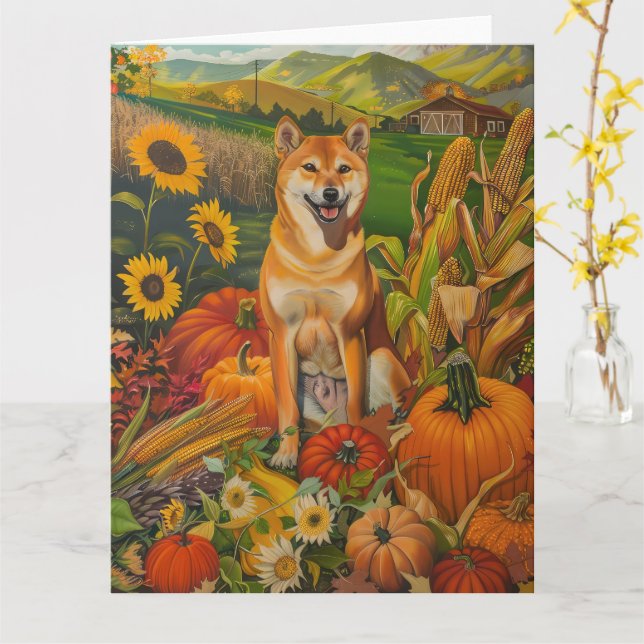 Shiba Inu Hund Autumn Harvest Thanksgiving Kort (Gul blomma)