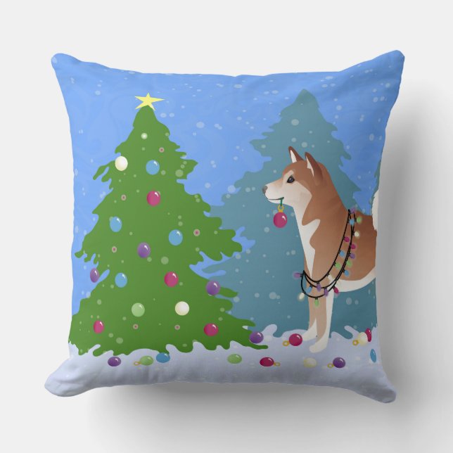 Shiba Inu Hund Decorating Julgran Kudde (Framsida)