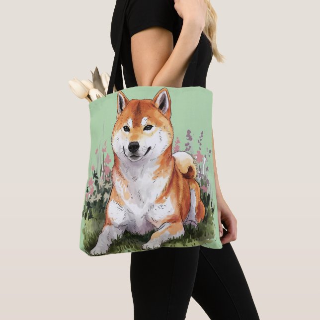 Shiba Inu Hund Grönt Tote Bag Watercolor Art Tygkasse (Närbild)