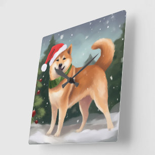 Shiba Inu Hund i Snö jul Fyrkantig Klocka