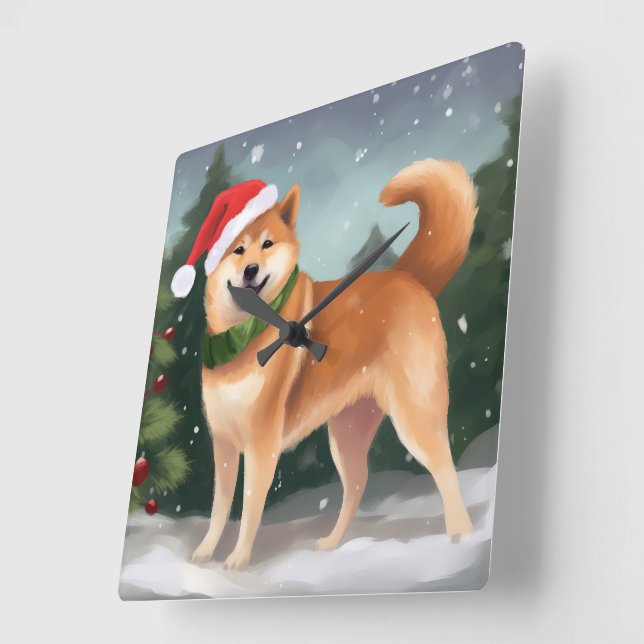 Shiba Inu Hund i Snö jul Fyrkantig Klocka (Vinkel)