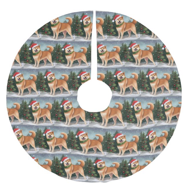 Shiba Inu Hund i Snö jul Julgransmatta Borstad Polyester (Framsidan)