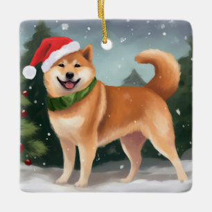 Shiba Inu Hund i Snö Jul Julgransprydnad Keramik