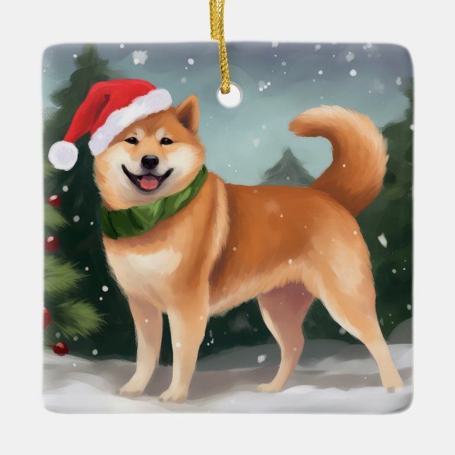Shiba Inu Hund i Snö jul Julgransprydnad Keramik (Framsida)