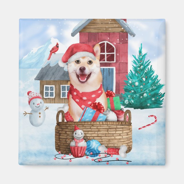 Shiba Inu Hund I snö julhuset Hund House Magnet (Framsidan)