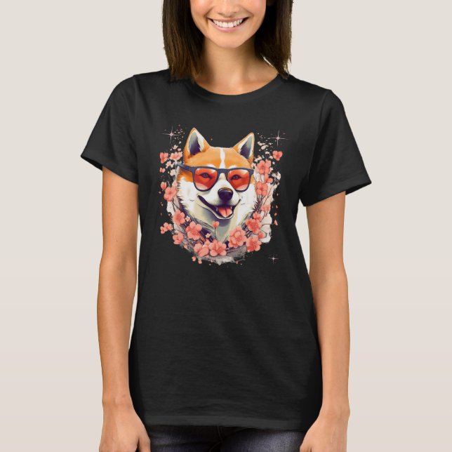 Shiba Inu Hund Japansk Cherry Blommar Sakura Flowe T Shirt (Framsida)