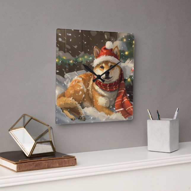 Shiba Inu Hund Jul Festlig Fyrkantig Klocka (Kontor)