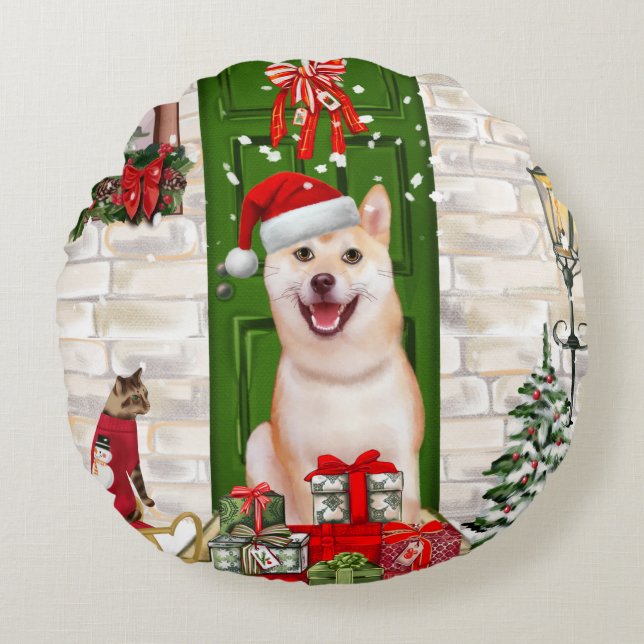 Shiba Inu Hund jul Rund Kudde (Framsidan)