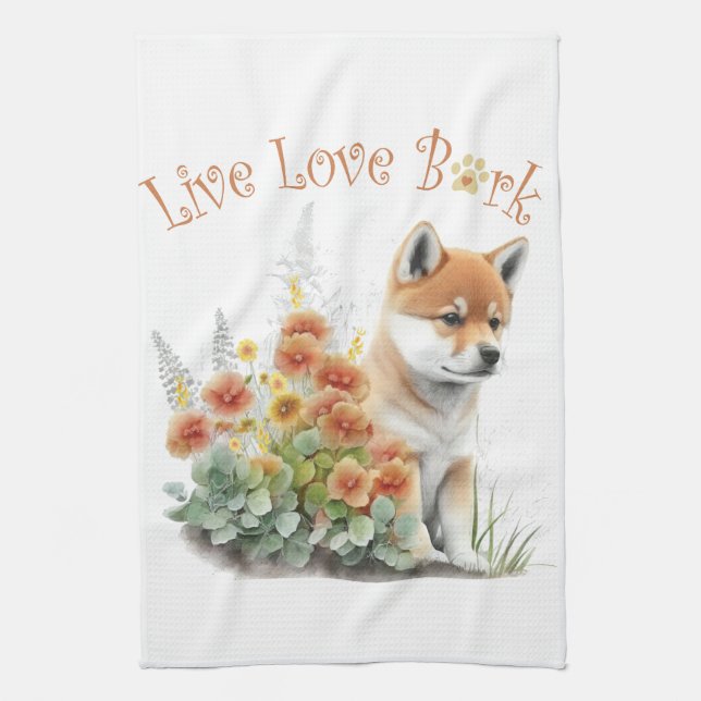 Shiba Inu Hund Mamma Blommigt Kökshandduk (Vertikal)
