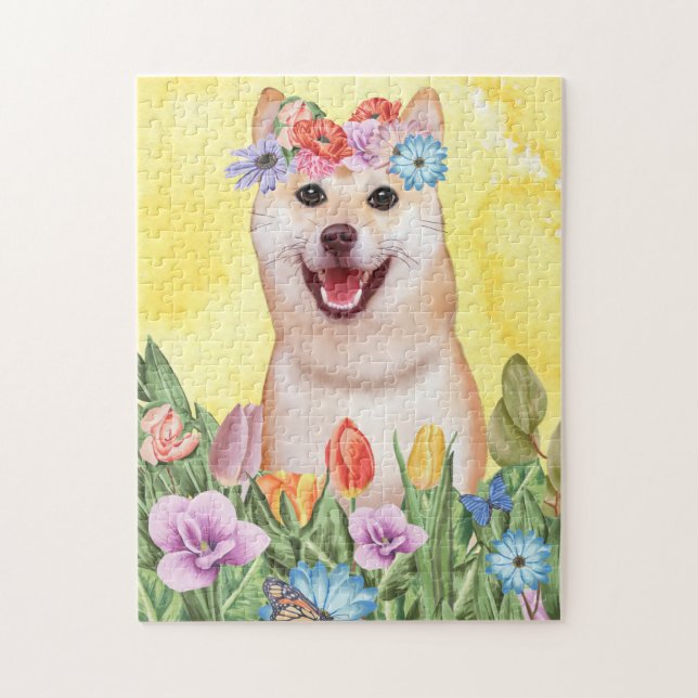 Shiba Inu Hund med Flowers Vår Pussel (Vertikal)