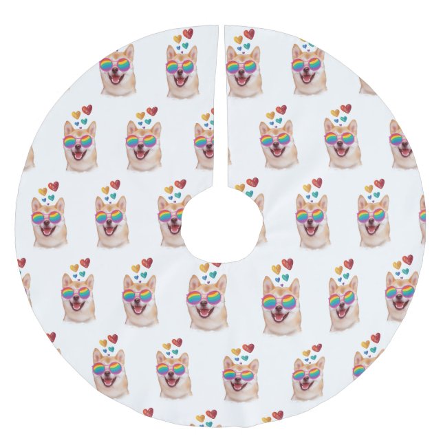 Shiba Inu Hund med Hearts Valentine Day Julgransmatta Borstad Polyester (Framsidan)