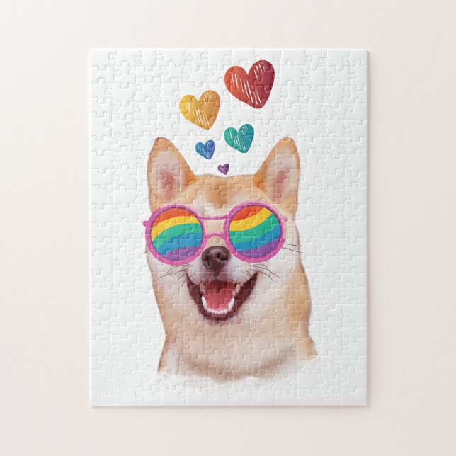 Shiba Inu Hund med Hearts Valentine Day Pussel (Vertikal)