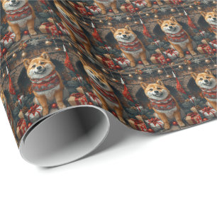 Shiba Inu Hund Med Julpresenter Öppen Spis Presentpapper