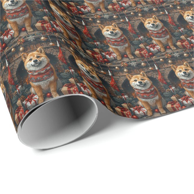 Shiba Inu Hund Med Julpresenter Öppen Spis Presentpapper (Rullad Hörn)