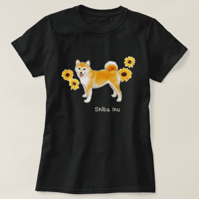 Shiba Inu Hund och solblommor T Shirt (Design framsida)