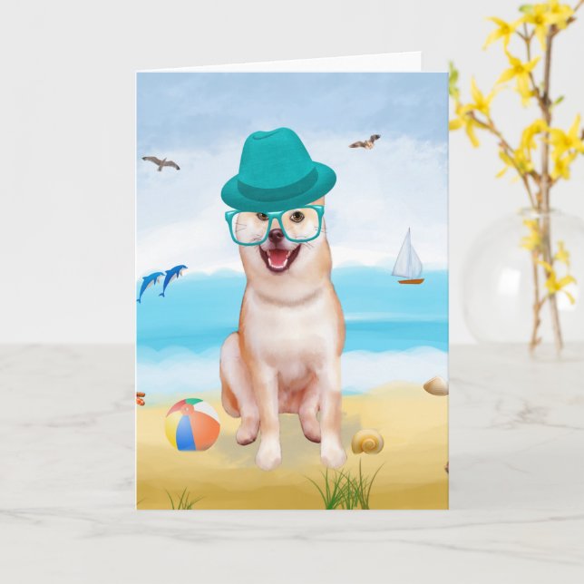 Shiba Inu Hund on Beach Kort (Gul blomma)