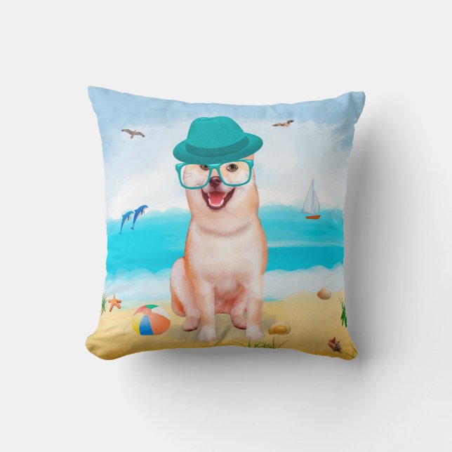 Shiba Inu Hund on Beach Kudde (Framsida)