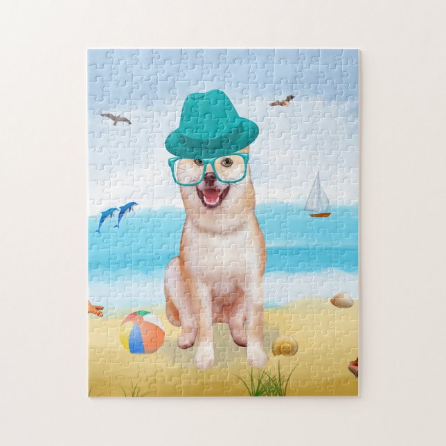 Shiba Inu Hund on Beach Pussel (Vertikal)