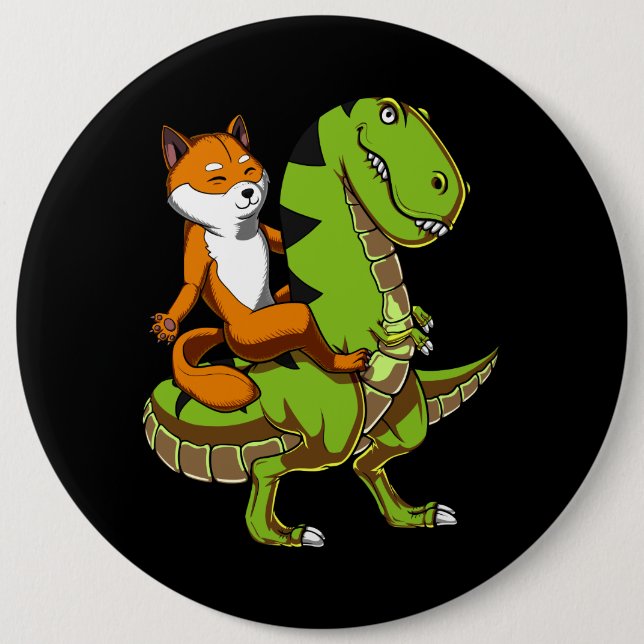 Shiba Inu Hund Riding T-Rex Dinosaur Knapp (Framsida)