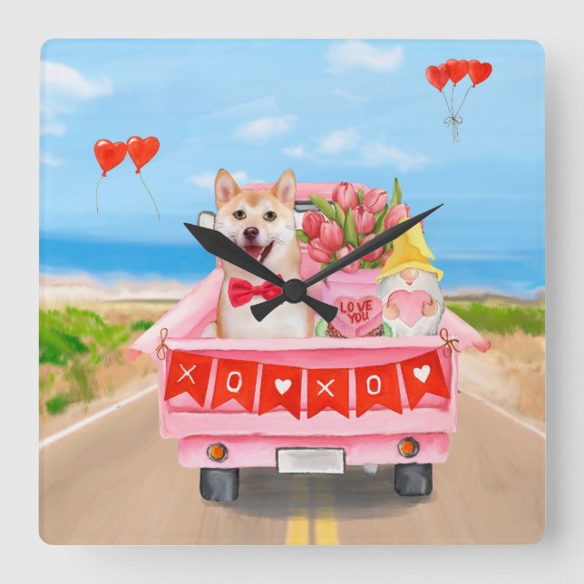 Shiba Inu Hund Valentine Day Lastbil Hearts Fyrkantig Klocka (Framsida)