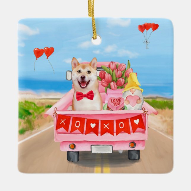 Shiba Inu Hund Valentine Day Lastbil Hearts Julgransprydnad Keramik (Framsida)
