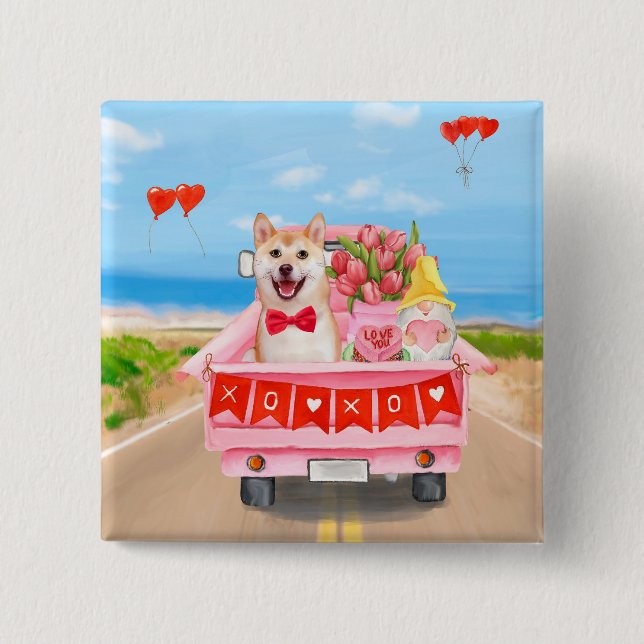 Shiba Inu Hund Valentine Day Lastbil Hearts Knapp (Framsida)