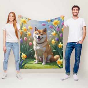 Shiba Inu Hund Vårblommor Målning Fleecefilt