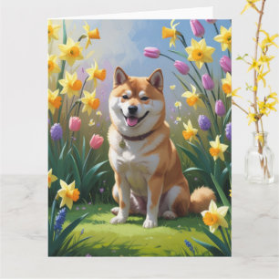 Shiba Inu Hund Vårblommor Målning Kort