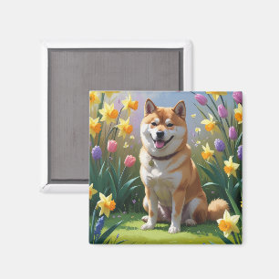 Shiba Inu Hund Vårblommor Målning Magnet