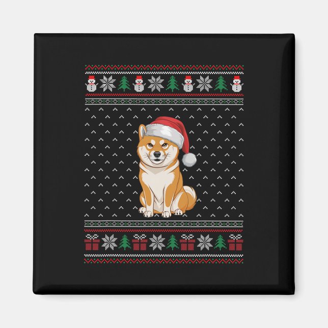 Shiba Inu Hund Wearing Santa Hat Ugly Julafton Hun Magnet (Framsidan)