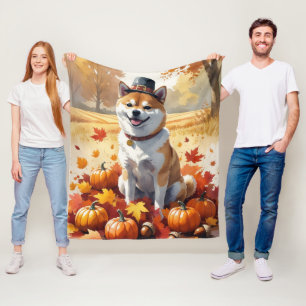 Shiba Inu i höstlöv tackgivandekonst Fleecefilt