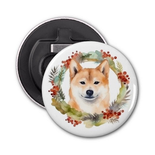 Shiba Inu-julkrans Festive Valp Flasköppnare (Framsidan)
