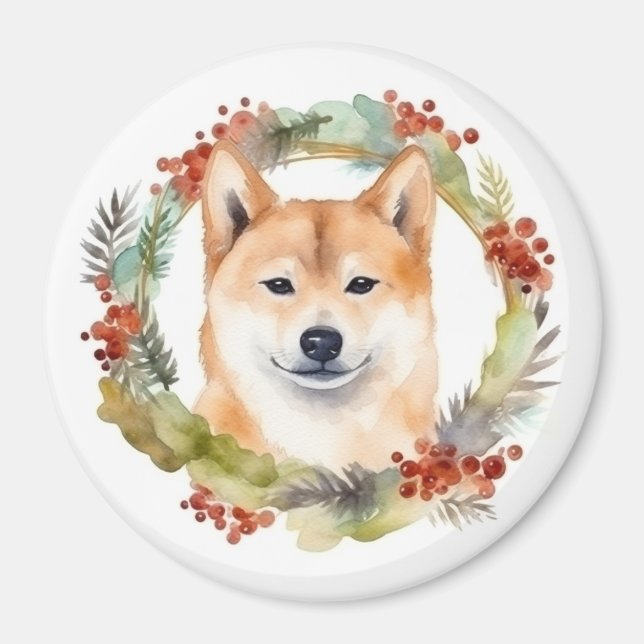 Shiba Inu-julkrans Festive Valp Magnet (Framsidan)