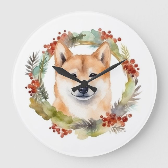 Shiba Inu-julkrans Festive Valp Stor Klocka (Framsida)