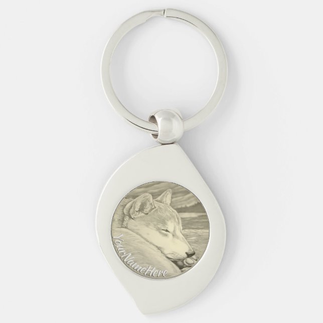Shiba Inu Keychain Swirl Silverfärgad Nyckelring (Framsidan)