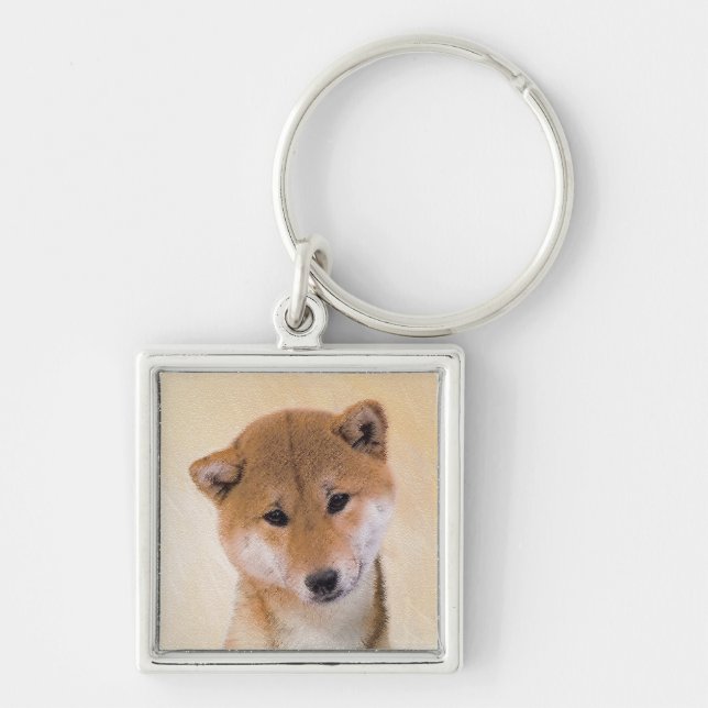 Shiba Inu-målning (röd) - Original Hund Art Fyrkantig Silverfärgad Nyckelring (Framsidan)