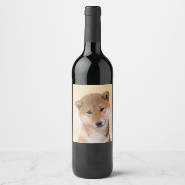 Shiba Inu-målning (röd) - Original Hund Art Vinflaska Etikett (Framsida)